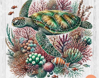 May include: A green sea turtle with a brown shell swims through a coral reef. The reef is filled with colourful coral, fish, and other marine life. The turtle is surrounded by red, orange, and yellow coral.