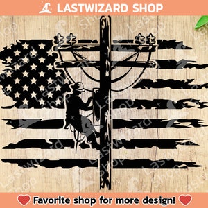 May include: Black and white silhouette of an electrician working on a power line against a distressed American flag background. The electrician is wearing a hard hat and climbing gear. The flag is torn and faded, giving it a vintage look.