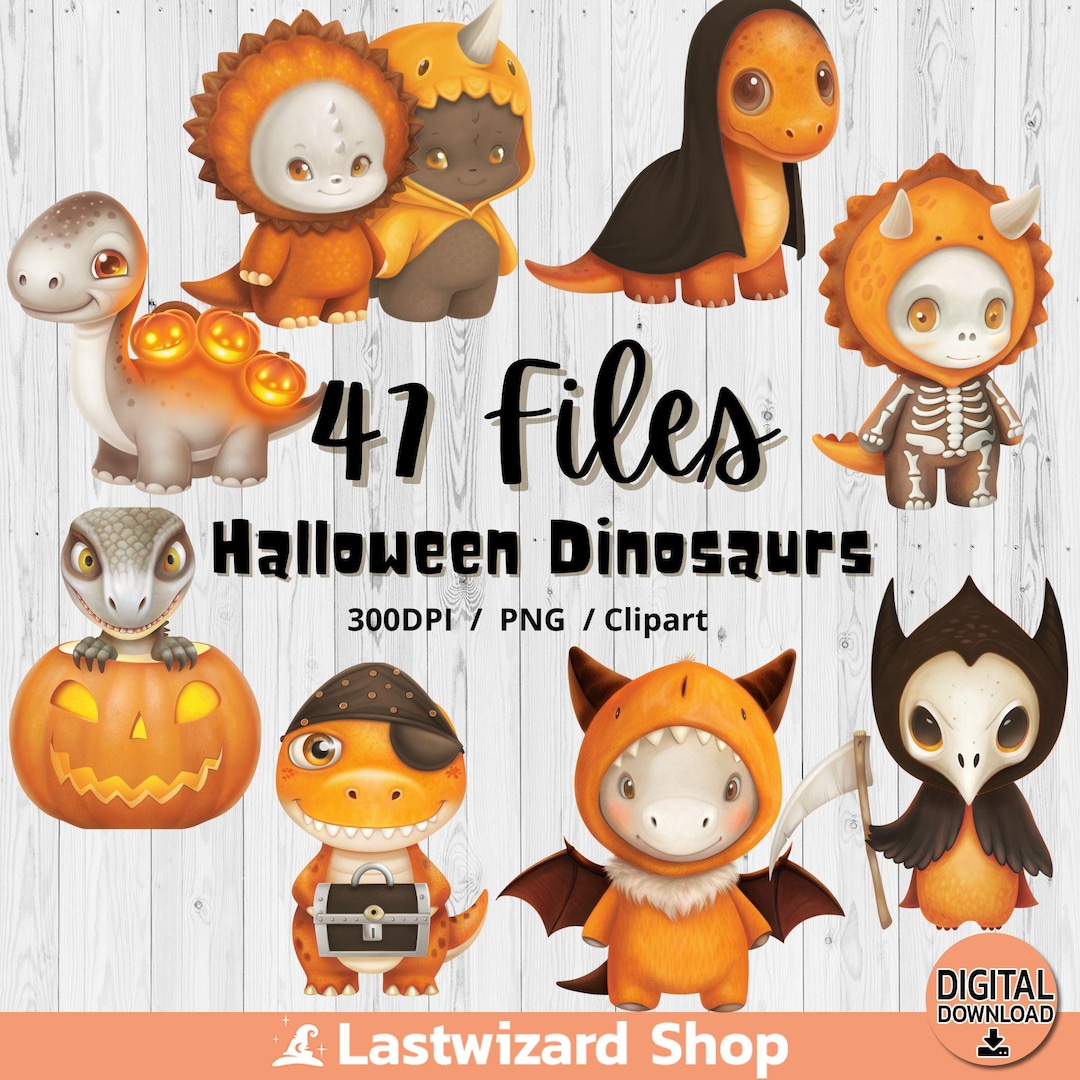 Halloween Dinosaur Clipart PNG Bundle: Spooky Dino Costumes (digital ...