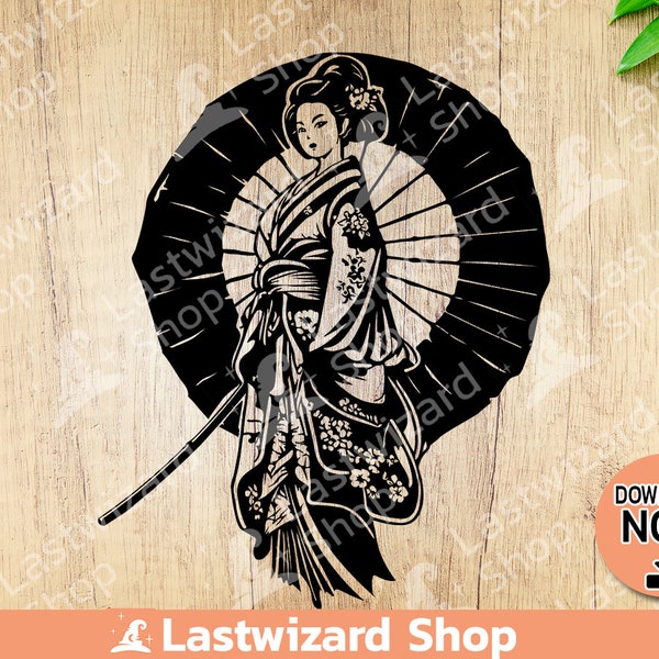 Japanese Geisha Warrior with Umbrella svg, Kimono Girl svg, Tattoo, cricut, silhouette, png sublimation, Anime Girl and Japanese Girl Gift