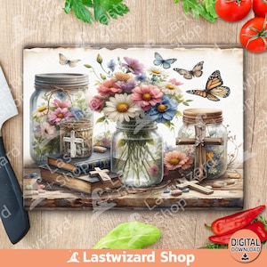 May include: A digital download featuring a rustic still life with mason jars filled with flowers and crosses. Butterflies flutter around the jars. The image has a vintage, farmhouse aesthetic, with a wooden background and the text "Lastwizard Shop".
