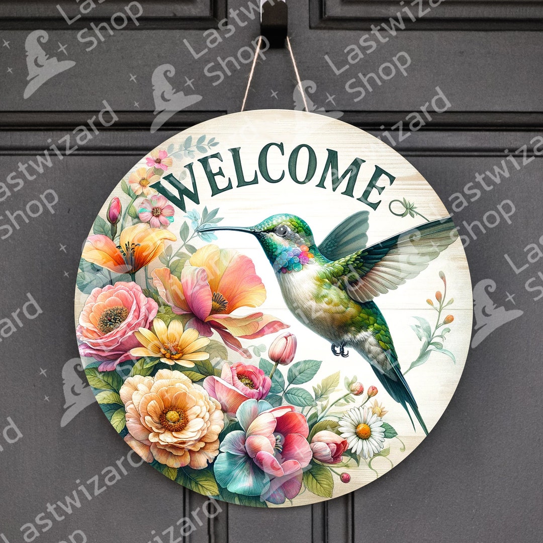 Hummingbird Floral Welcome Sign PNG, 12 Inch Round Door Hanger ...