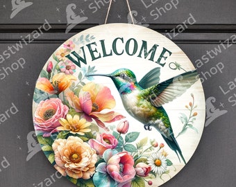 Colibrí con flores, colgador de puerta de sublimación redonda, diseño PNG, letrero de puerta de bienvenida, PNG redondo de 12 pulgadas, letrero de corona, descarga digital