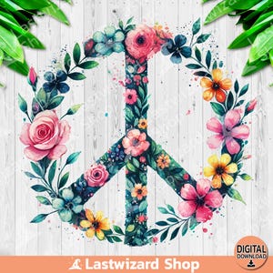 Peace Zeichen PNG, Floral Retro Boho Hippie Sublimationsdesign, Aquarell Blumen Clipart, Peace Not War PNG, Mandala, digitaler Download