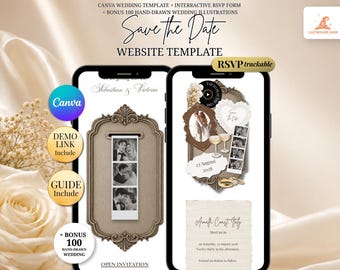 Retro Ivory Photo Booth Save the Date Website with RSVP, Countdown, Music for Paperless Couple | Vintage Floral Canva Wedding Template
