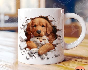 Dog & Cat Hole Mug Wrap: 3D Cracked Wall Design (Digital Download)