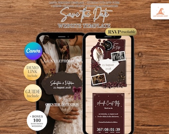 Save The Date Wedding Dried Rose with Dark Espresso For Paperless Couples | Wooden Old Money Digital Invitations Mobile Announcement RSVP