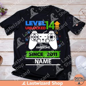 Gamer Level Up 14 Unlocked with Monogram Svg, 14th Years Name Label, Gaming, T shirt, Cricut, Silhouette, Png Sublimation, Birthday Boy Gift
