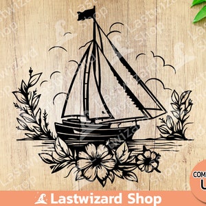 Velero floral en mar SVG Png, decoración de pared náutica, svg costero, yate de vela, marina svg, plantilla para cricut, regalo para capitán marinero