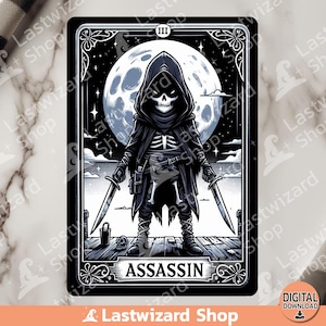 Carte de tarot assassin PNG, conception en sublimation squelette assassin, jeu de société aquarelle, jeu de fantasy ultime PNG, graphismes RPG, soirée jeux