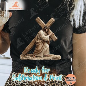 Faux crochet yarn effect Jesus with cross digital art, beige and brown tones, perfect for Christian t-shirt printing.