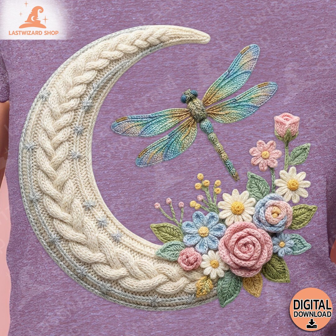 3D Crochet Moon Dragonfly PNG - Knitted Celestial Sublimation - Faux ...