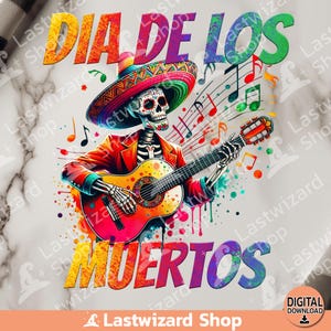 Dia de los Muertos PNG, Day Of The Dead Catrina sublimatie ontwerp, aquarel suiker schedel clipart, skelet gitaar spelen, Mexicaanse schedel