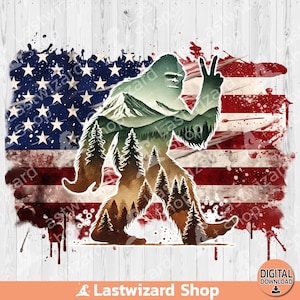 Bigfoot V Finger Forest Scene American Flag, Yeti Gift Sublimation Design, Shirt For Sasquatch Clipart, Bigfoot Loving, Bigfoot Hunt Digital