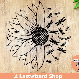 Medio girasol con libélula Svg, Svg de verano, Mandala Girasol Svg, Diseño Svg Libélula, Dxf, Png, Archivos de corte para Cricut, Silhouette