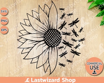 Half Sunflower With Dragonfly Svg, Summer Svg, Mandala Sunflower Svg, Dragonfly Svg Design, Dxf, Png , Cut Files For Cricut, Silhouette