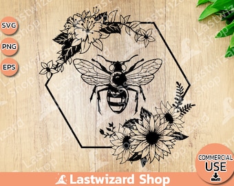 File SVG con ape floreale, file di ritaglio con ghirlanda di fiori e insetti, file PNG con ape botanica, decorazioni naturali boho per Cricut, arte digitale con fiori selvatici primaverili