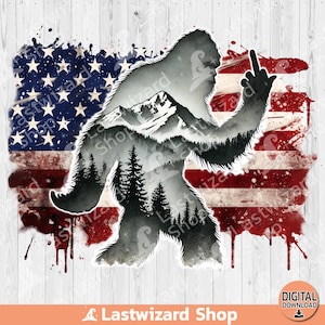 Bigfoot Middle Finger American Flag Png, Yeti Gift Sublimation Design, Shirt For Sasquatch Clipart, Bigfoot Loving Png, Bigfoot Hunt Digital
