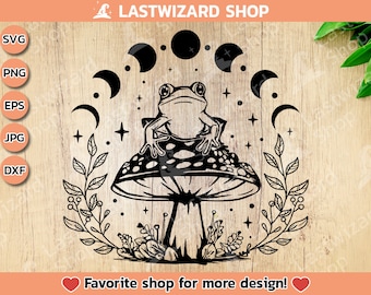 Mystical Frog Mushroom SVG, Celestial Forest Toad Sublimation, Goblincore Witchy Nature Cut File, Moon Phase Fungi Spirit Digital Art