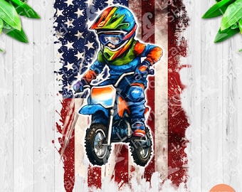 Patriotisches Dirt Bike Kid PNG, USA Flagge Motocross Boy Sublimationsdesign, 4. Juli Enduro Racing Grafik, amerikanische Jugend Rider Art