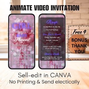 Pink Balloons Girl Baby Shower Video Invitation, Girls Canva Downloadable Template, Customize Phone Invitation Template, Instant Download