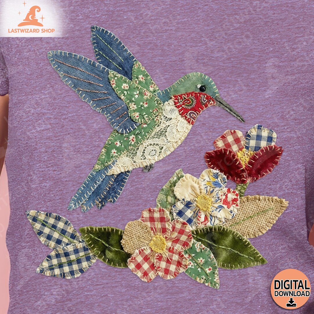 Floral Hummingbird Patchwork PNG, Denim and Lace Bird Sublimation ...