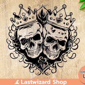 Kung och drottning skallar SVG, gotiskt bröllopshjärta PNG, bikerpar årsdagspresent, Til Death Do Us Par Cut-fil, romantisk skelettkonst