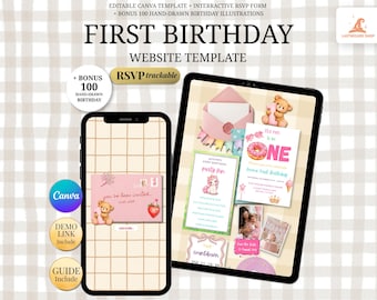 Pink Teddy Bear First Birthday Editable Canva Website Template | Fun To Be One Birthday Invitation for Baby Girl | 1st Birthday Invite