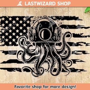 Puede incluir: Silueta en blanco y negro de un pulpo con un casco de buceo, con una bandera estadounidense en el fondo. El pulpo tiene ocho tentáculos y está posicionado frente a la bandera.