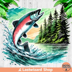 Salmón saltando sobre el agua con bosque PNG, diseño de sublimación de pesca de salmón, imágenes prediseñadas de pescador de acuarela, PNG al aire libre, descarga digital