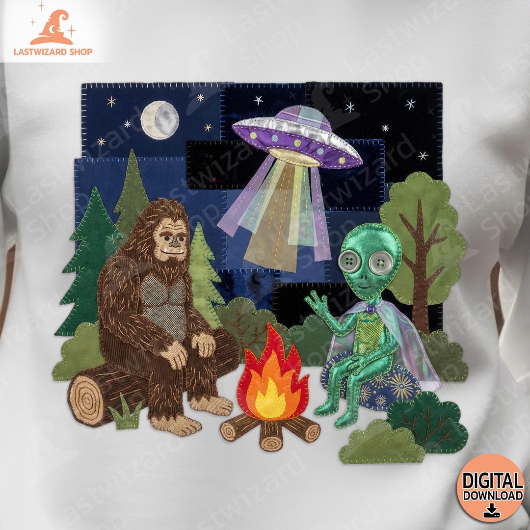 Patchwork Bigfoot and Alien Campfire Sublimation PNG, Faux Applique UFO ...
