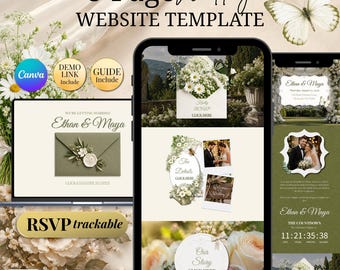 Old Money Wedding Website Template Sage Olive Green Art For Quiet Luxury Couples | Earthy Wedding Invitation | Botanical Canva Template RSVP