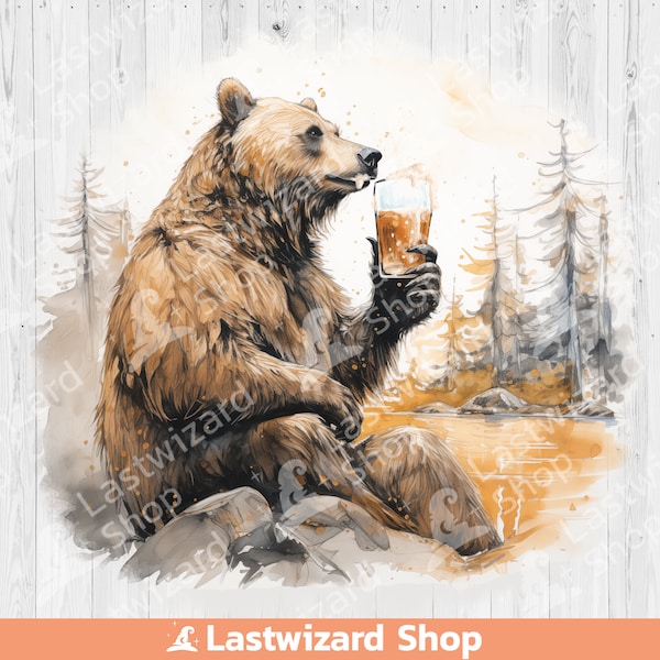 Bear drinking beer in forrest Png Sublimation, National Park Clip art, Grizzly Bear Beer Jpg, Zoo wall art, Gift for Mama bear, Watercolor