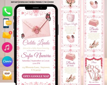 Baby Shower Invitation Cielito Lindo Girl For Latina & Hispanic Expecting Parents | Chinoiserie Baby Shower Invitation Digital Pink RSVP