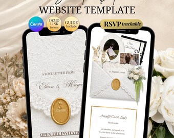 Save The Date Romantic Elegant Canva Template Invitation | Save The Date Digital Wedding White | Lace Invite Wedding RSVP Canva Website