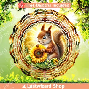 May include: A metal wind spinner with a multi-layered design featuring a squirrel holding a sunflower. The spinner has a gold finish and is decorated with a glitter-like effect. The squirrel is brown and white with a bushy tail. The sunflower is yellow with brown seeds.