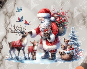 Watercolor Santa and Reindeer PNG - Christmas Sublimation Design (Digital Download)