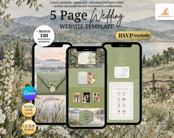 Sage Green Swan Wedding Website Template | Romantic Lakeside Canva Wedding Website with RSVP | Mobile-Friendly, No Experience Needed