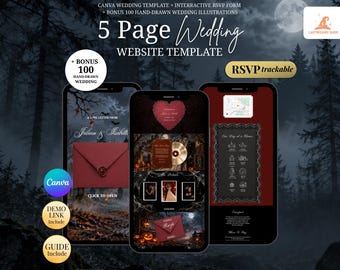 Dark Halloween Wedding Website Invitation with RSVP | Gothic Burgundy & Black Editable Canva Digital Invitation with Music
