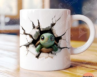 Envoltorio de taza de tortuga bebé 3D: Diseño de pared agrietada (descarga digital PNG)