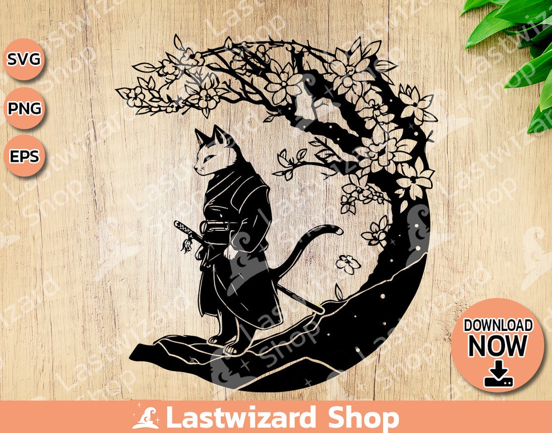 Samurai Cat Under Sakura SVG: Katana, Shogun, Neko (PNG, EPS) - Etsy