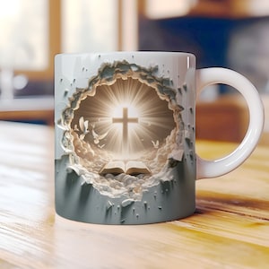 3D Holy Cross and Bible Hole Wall Cracked Mug Wrap 11oz & 15oz Mug Wrap Template, Mug Sublimation Design, Digital Download, Christian