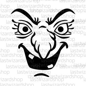 May include: Black and white illustration of a witch's face with a mischievous grin. The witch has large eyes and a pointy nose.