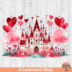 Romantic Castle Png, Fantasy Love Castle Sublimation Design, Watercolor Princess Castle Clipart, Fairytale Castle, Pink Valentines Fairyland