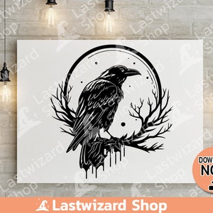 Detailed Victorian gothic raven illustration with a vintage moon background for DIY wood signs and gothic aesthetic apparel sublimation.