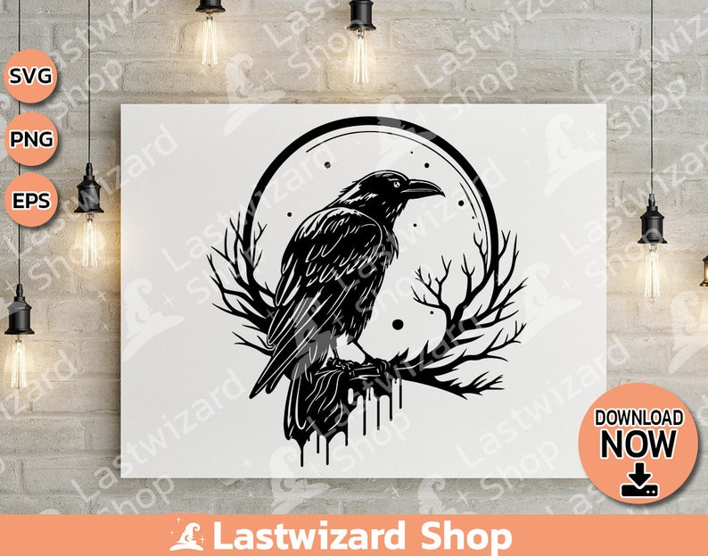 Detailed Victorian gothic raven illustration with a vintage moon background for DIY wood signs and gothic aesthetic apparel sublimation.