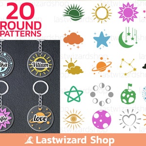 Space Round Keychain Svg, Star Keychain Background Svg, Galaxy Svg, Cloud Svg, Moon Svg, Sun, Earth, Thunder, Keychain Patterns Svg Png Eps