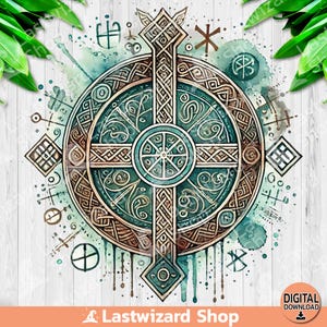 May include: A watercolor illustration of a Celtic knot design with a cross in the center. The design is surrounded by a circle of smaller knots and symbols. The background is a light blue with white splatters.