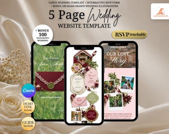 Olive Green, Burgundy & Pink Floral Wedding Website Template | Elegant Estate Canva Wedding Website with Built-In RSVP | Mobile-Friendly