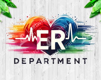 May include: A colorful watercolor heart with a heartbeat line and the letters "ER" in the center. The text "DEPARTMENT" is below the heart.
